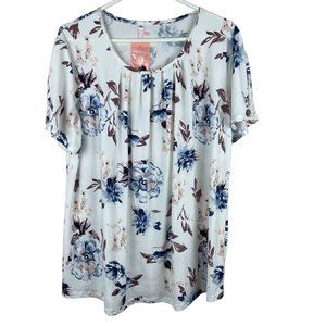 NEW Floral Shirt‎ Top Blouse Womens Size 16W White Pleated Short Sleeve Stretch
